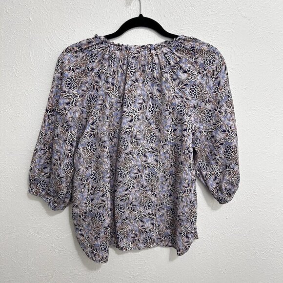 J. Jill Love Linen Sz S V Neck Purple Lotus Vines 100% Linen Peasant Top Blouse - Picture 9 of 13